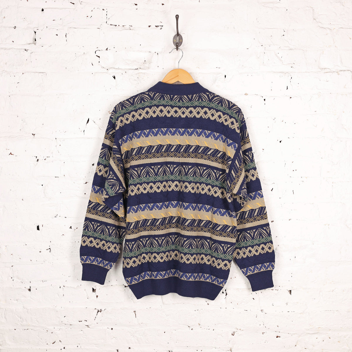 90s Pattern Knit Texture Collared Jumper - Blue - L