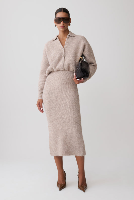 Simoney Long Sleeve Midi Knit Dress - Oat Marle