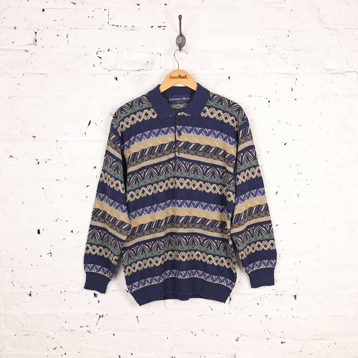 90s Pattern Knit Texture Collared Jumper - Blue - L