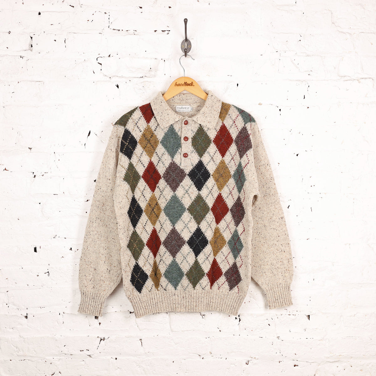 90s Argyle Pattern Knit Collared Jumper - Beige - S